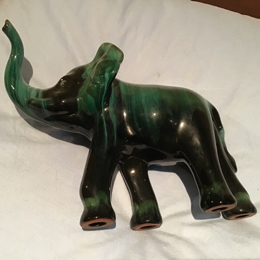 BLUE MOUNTAIN POTTERY TRUNK UP ELEPHANT FIGURINE